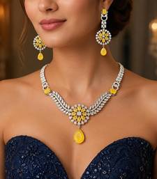 yellow crystal floral bridal jewellery set, silver cz necklace earrings