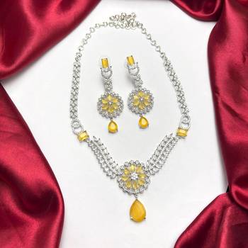 yellow crystal floral bridal jewellery set, silver cz necklace earrings 2