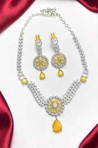 yellow crystal floral bridal jewellery set, silver cz necklace earrings