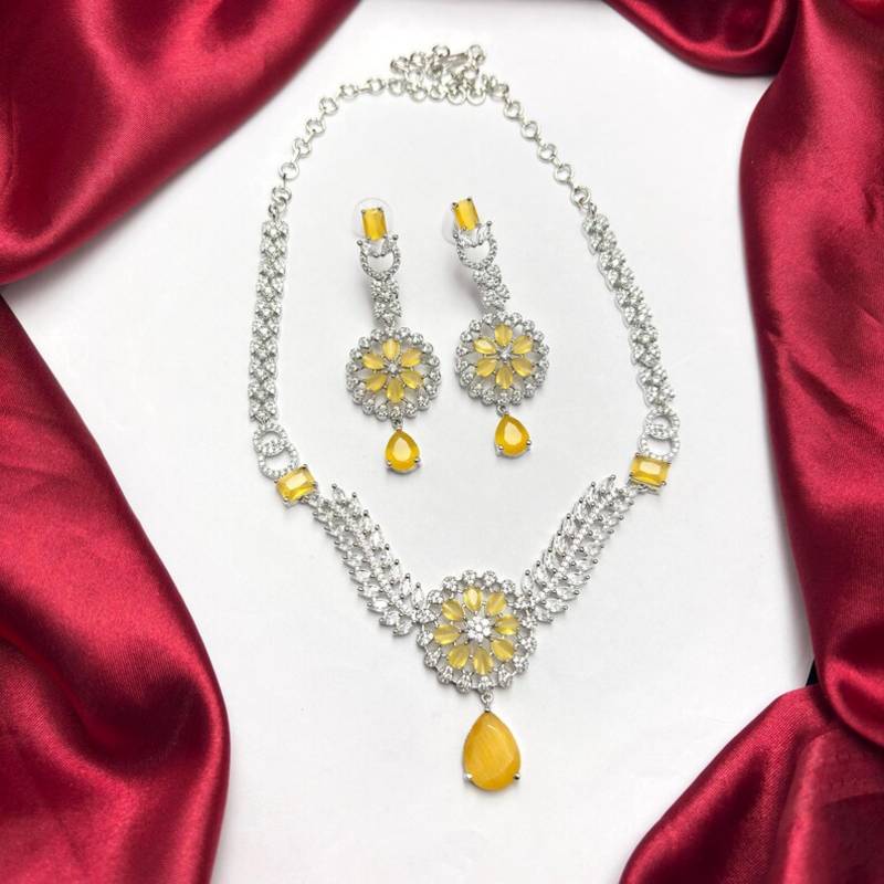 yellow crystal floral bridal jewellery set, silver cz necklace earrings