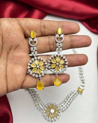 yellow crystal floral bridal jewellery set, silver cz necklace earrings 3