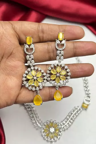 yellow crystal floral bridal jewellery set, silver cz necklace earrings