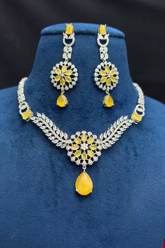 yellow crystal floral bridal jewellery set, silver cz necklace earrings