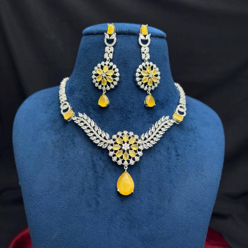 yellow crystal floral bridal jewellery set, silver cz necklace earrings