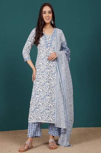 Floral printed cotton v neck kurta trouser & dupatta set