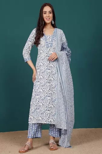 Floral printed cotton v neck kurta trouser & dupatta set