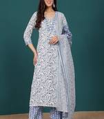 Floral printed cotton v neck kurta trouser & dupatta set