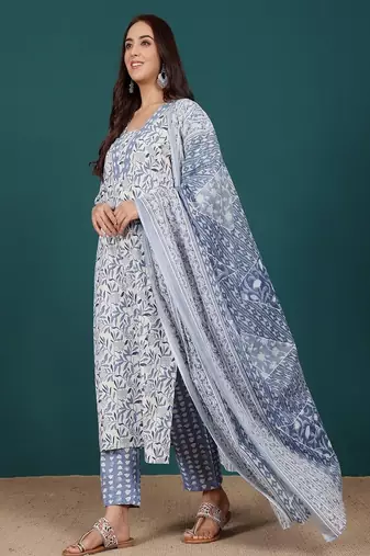 Floral printed cotton v neck kurta trouser & dupatta set