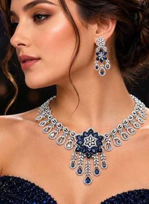 sapphire floral statement necklace set, cz bridal jewellery, navy blue prom evening party earrings 1