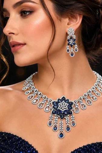 sapphire floral statement necklace set, cz bridal jewellery, navy blue prom evening party earrings