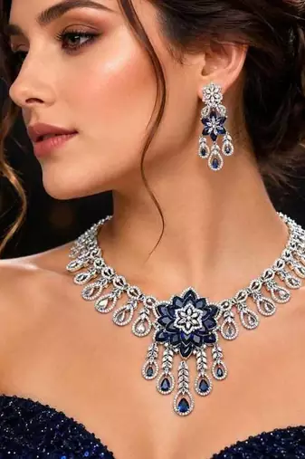 sapphire floral statement necklace set, cz bridal jewellery, navy blue prom evening party earrings