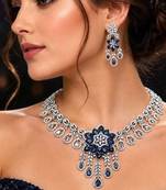 sapphire floral statement necklace set, cz bridal jewellery, navy blue prom evening party earrings