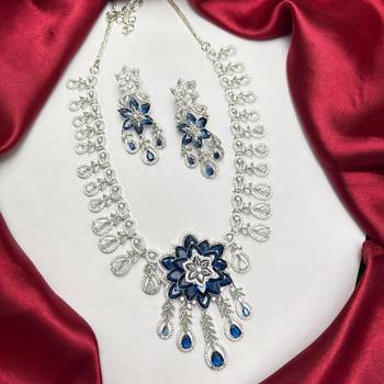sapphire floral statement necklace set, cz bridal jewellery, navy blue prom evening party earrings 2