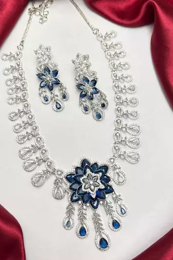 sapphire floral statement necklace set, cz bridal jewellery, navy blue prom evening party earrings