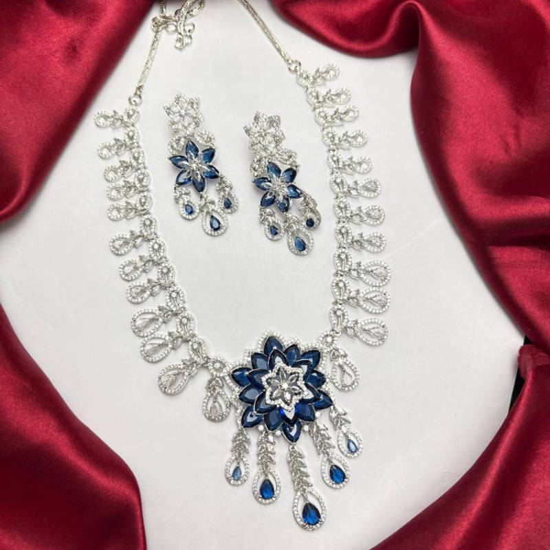 sapphire floral statement necklace set, cz bridal jewellery, navy blue prom evening party earrings