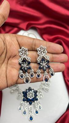 sapphire floral statement necklace set, cz bridal jewellery, navy blue prom evening party earrings 3