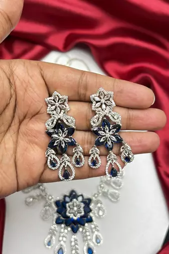 sapphire floral statement necklace set, cz bridal jewellery, navy blue prom evening party earrings