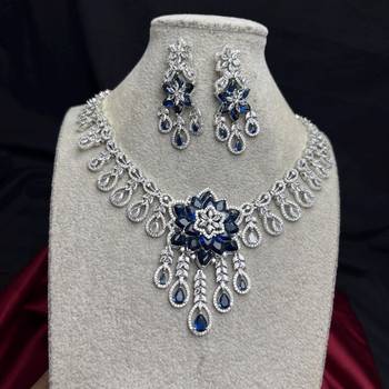 sapphire floral statement necklace set, cz bridal jewellery, navy blue prom evening party earrings 4
