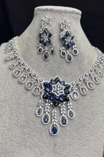 sapphire floral statement necklace set, cz bridal jewellery, navy blue prom evening party earrings