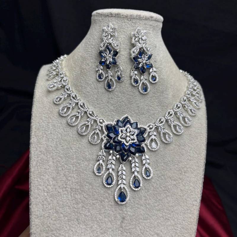 sapphire floral statement necklace set, cz bridal jewellery, navy blue prom evening party earrings