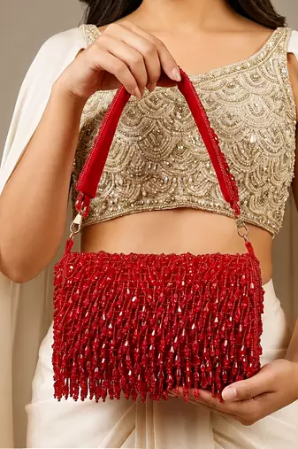 Red shoulder strap beaded clutches for women