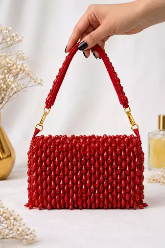 Red shoulder strap beaded clutches for women
