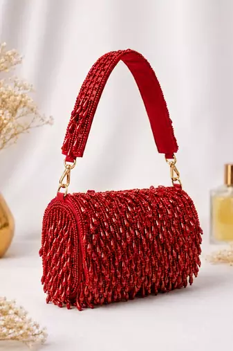 Red shoulder strap beaded clutches for women