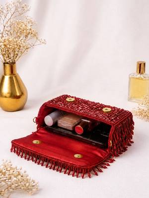 Red shoulder strap beaded clutches for women 4