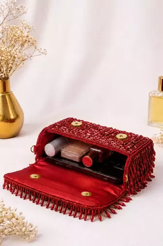 Red shoulder strap beaded clutches for women