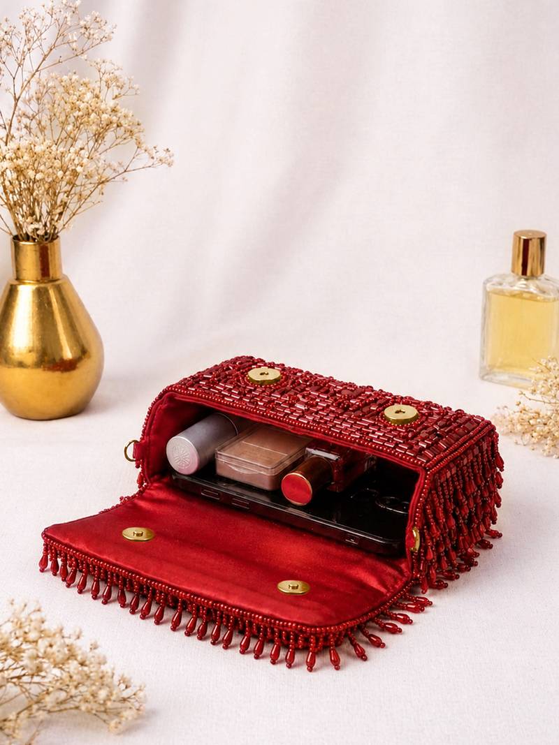 Red shoulder strap beaded clutches for women