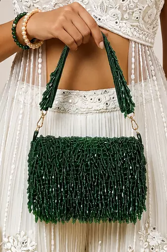 Green shoulder strap beaded clutches for women