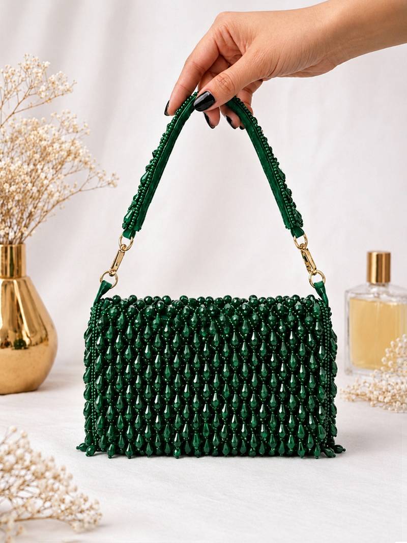 Green shoulder strap beaded clutches for women