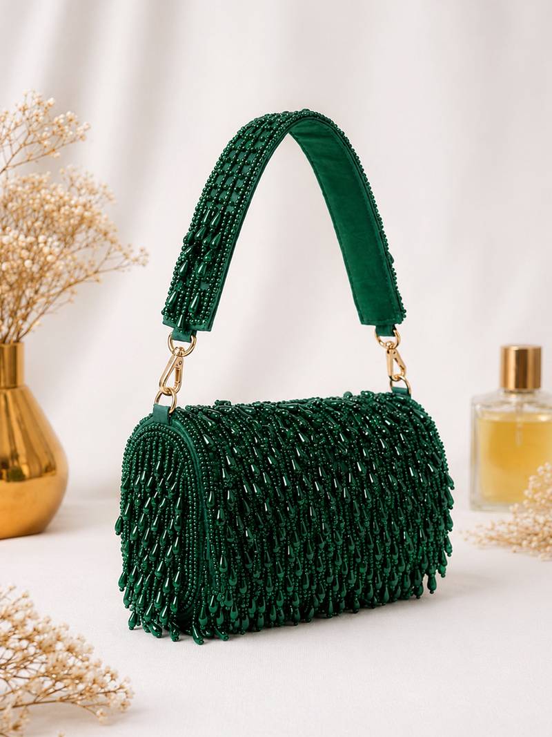 Green shoulder strap beaded clutches for women