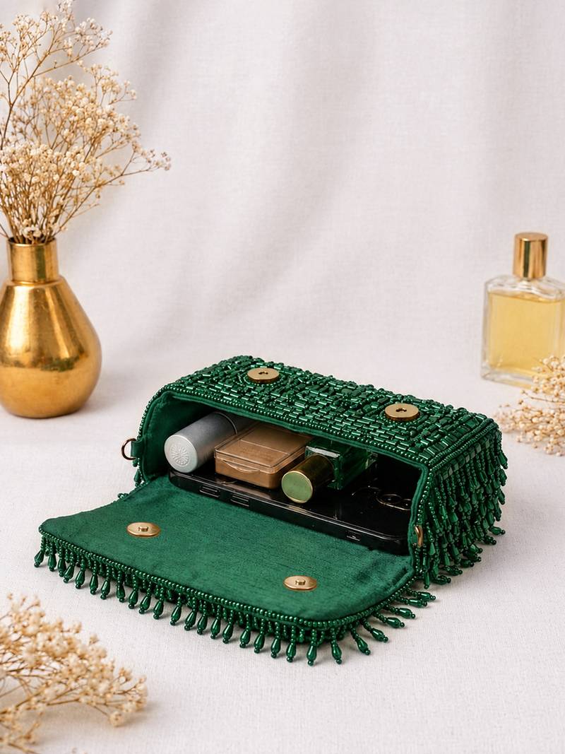 Green shoulder strap beaded clutches for women