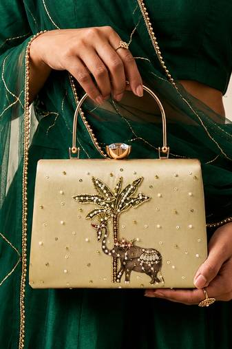 Gold shoulder strap satin embroidery clutches for women