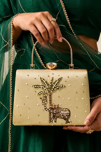 Gold shoulder strap satin embroidery clutches for women