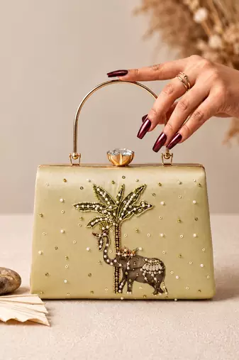 Gold shoulder strap satin embroidery clutches for women