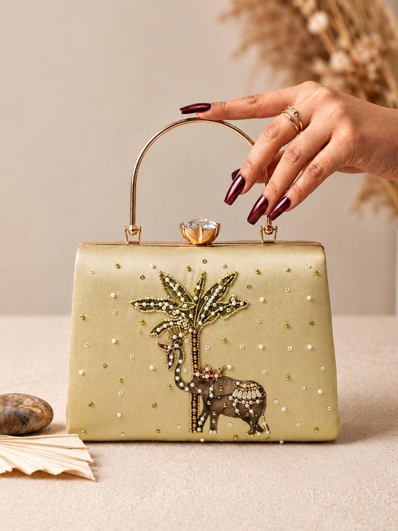 Gold shoulder strap satin embroidery clutches for women