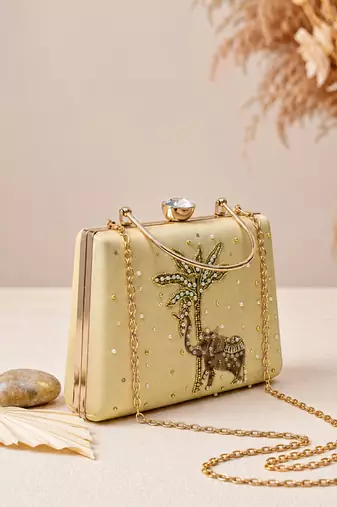 Gold shoulder strap satin embroidery clutches for women