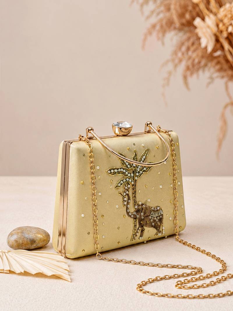 Gold shoulder strap satin embroidery clutches for women