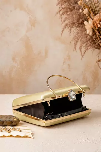 Gold shoulder strap satin embroidery clutches for women