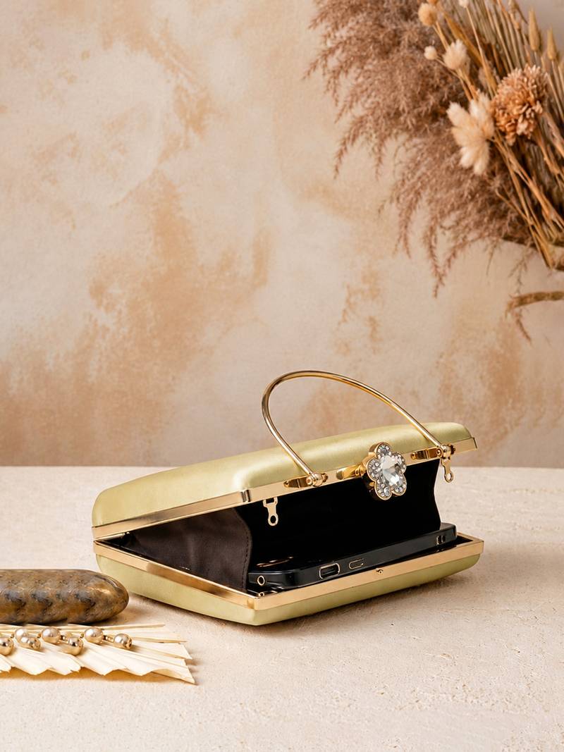 Gold shoulder strap satin embroidery clutches for women