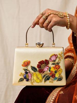 Beige shoulder strap satin embroidery clutches for women 1
