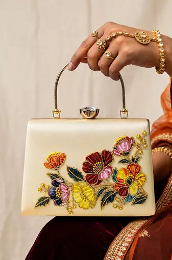 Beige shoulder strap satin embroidery clutches for women