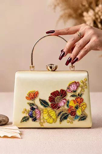 Beige shoulder strap satin embroidery clutches for women