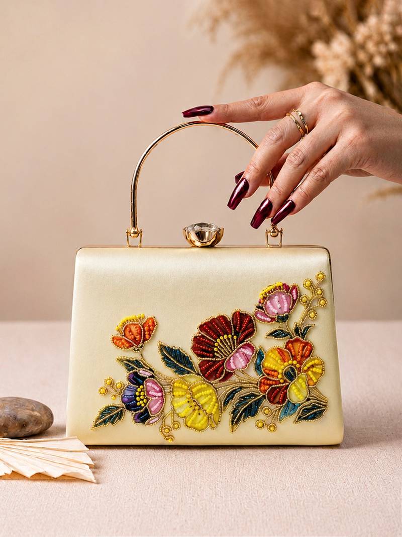 Beige shoulder strap satin embroidery clutches for women