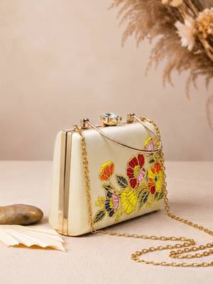Beige shoulder strap satin embroidery clutches for women 3