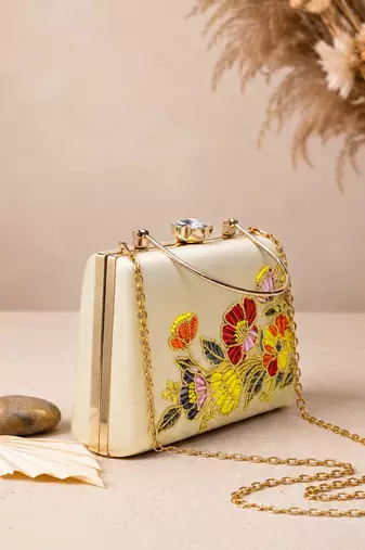 Beige shoulder strap satin embroidery clutches for women