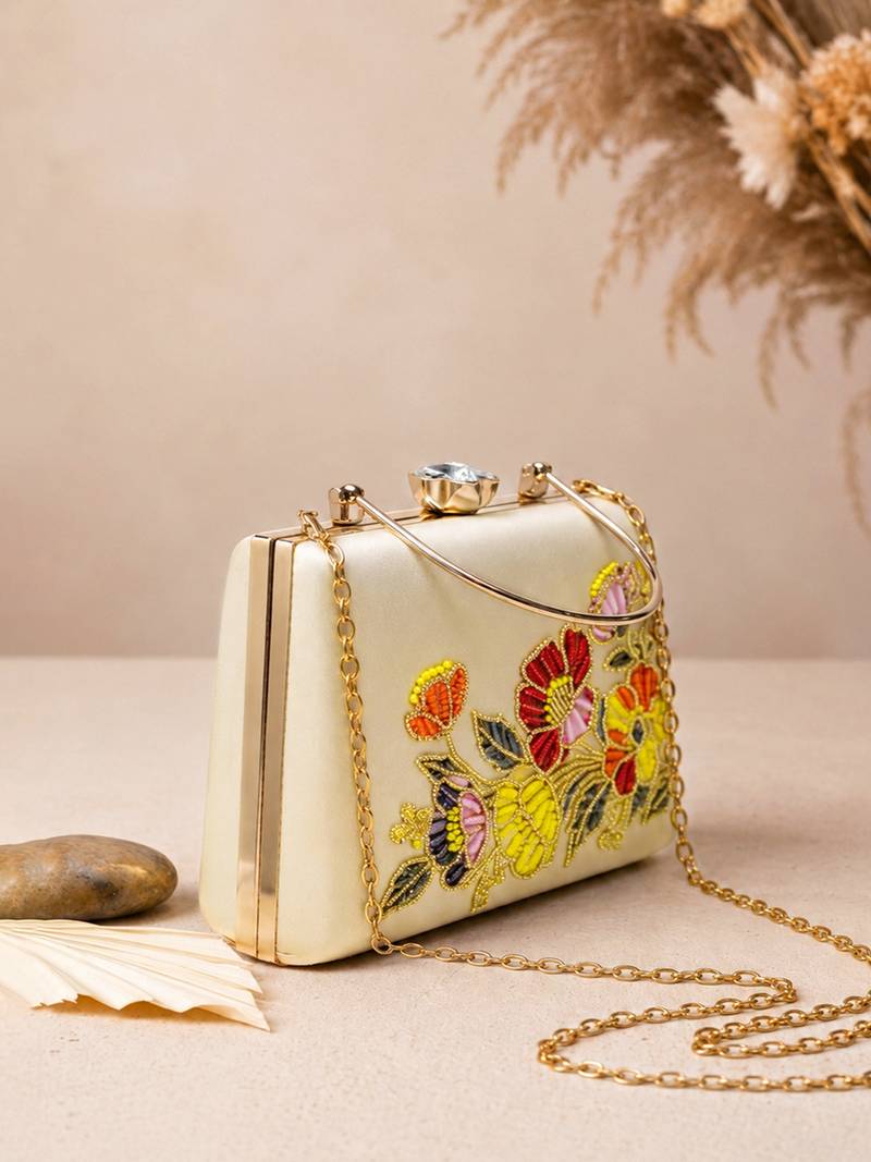 Beige shoulder strap satin embroidery clutches for women