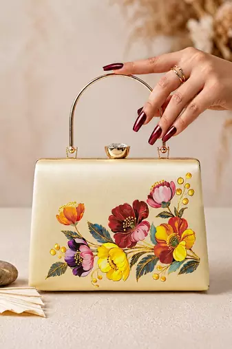 Beige shoulder strap satin embroidery clutches for women